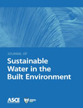 Journal of Sustainable Water in the Built Environment cover with an image of a waterfall on a blue background. The journal title, ASCE logo and Environmental Water Resources Institute logo are all displayed.